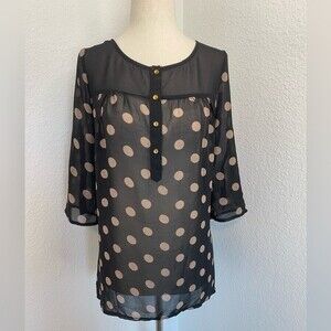 Sassy Black Tan Polka Dot Sheer Top Blouse 3/4 Sleeve Relaxed Size S